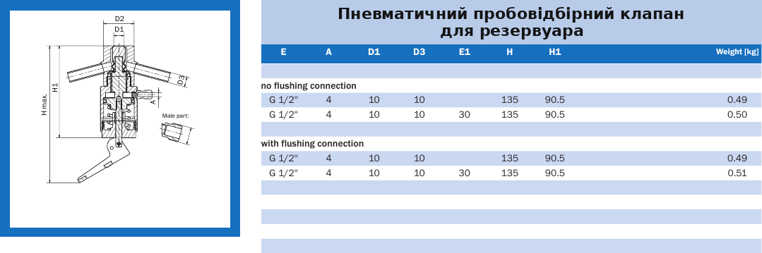 Технічні розміри Пневматичний пробовідбірний клапан для резервуара AWH